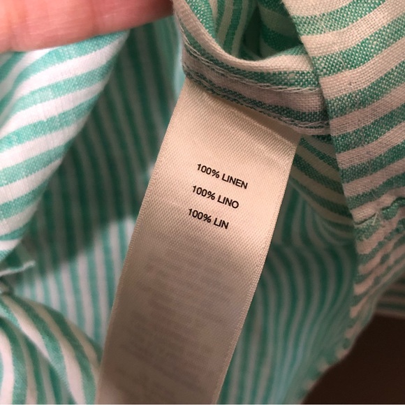 Chicos 100% Linen Green White Striped Collared Buttoned Tie Front Blouse Size M - Picture 6 of 6